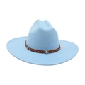 Light blue felt jazz fedora hat with wide brim and brown studded star leather band - One Size / Light Blue