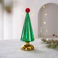 Green glass Christmas tree table decor with red star and gold base, 27cm height - Green Christmas Tree