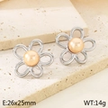 Silver flower earrings with champagne pearl center and elegant pleated metal texture - Style K Hollow Pearl Flower (KE115785-GC)