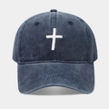 Berretto da baseball in cotone lavato blu scuro con ricamo a croce bianca e visiera - Regolabile / Blu navy