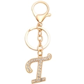 Close-up of golden alphabet T keychain with rhinestones and lobster clasp detail - Letter I