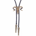 Vintage Bolo-Krawatte mit Bronze-Ziegenschädel und schwarzer geflochtener Lederkordel - Großer satanischer Widderschädel Antikbronze