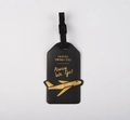 Black textured faux leather luggage tag with gold embossed airplane and travel text - Black