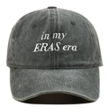 Detailed close-up of in my ERAS era embroidery on vintage washed charcoal baseball cap - Army Green