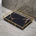 Luxury bathroom vanity tray with black gold marble pattern and 28.5x19x5cm gold metal frame - Large Black Gold (Glass Base)