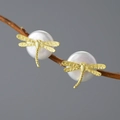 Golden dragonfly on round white pearl earrings in minimalist nature style - Gold