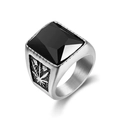 Vintage stainless steel ring for men with square black stone and leaf engravings - US 9 / Style 4 Steel Color