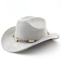 Detail of light gray suede cowboy hat with ethnic beads and gold star pendant charms - M (56-58cm) / Light Gray