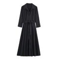 Classic black long sleeve shirt midi dress with lapel collar and waist tie detail - XS / Black