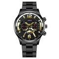 Montre à quartz Geneva pour homme en acier noir avec index dorés et dateur intégré - Bracelet Noir Aiguille Noire (Version à Cornes Fourchues)