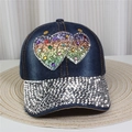 Casquette en jean pour femme avec cœurs en strass dégradés et clous argentés pointus - No.3/Denim Bleu Foncé/Rivets Cœur