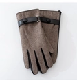 Detail of brown plaid wool gloves with black leather trim and buckle wrist strap - Light Brown Twill