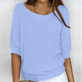 Makroaufnahme des hellblauen Strickoberteils mit Lochmuster und geripptem Rundhals - 3XL / Oberteile / Hellblau