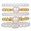 5-piece layered faux pearl and gold bead bracelet set with rhinestone detail - Gold White 5-Piece Set