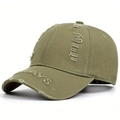 Gros plan sur la casquette en coton olive vieillie avec broderie ALWAYS et détails déchirés - Réglable / Vert