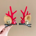 Pair of red flocked reindeer antler hair clips with gold bells and brown felt ears - 29# Red Antler Bell Pair