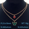 Collar de doble capa de oro rosa con corazón rojo y colgante de mariposa de malaquita - Estilo Mariposa Corazón Oro Rosa (KN230232-KFC)