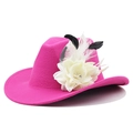 Detail of fuchsia wool cowboy hat featuring a white flower and black-white feathers - 05 Rose Red