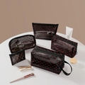 5-piece black mesh makeup bag set with red flocking heart patterns and zipper - 5-Piece Set (Red Heart) / Black Mesh Red Heart