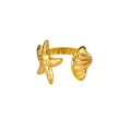 Gold stainless steel open ring with starfish and seashell charms on white background - Starfish Shell Dual Motif Open Style (JZ7708G)