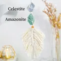 Handmade boho wall hanging with natural celestite and amazonite stones and cotton tassels - Celestite + Amazonite Macrame