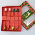 4-piece golden Christmas cutlery set with Santa and tree motifs in red gift box - Gold - Figure C Spoon & Fork 4pcs Xmas Red Box