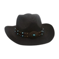 Black woven cowboy hat with leather band and turquoise stone accents for western style - Black