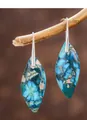 Bohemian silver drop earrings with blue-green emperor stone teardrop pendants on wood - Blue Patterned Leaf