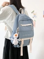Student backpack in dusty blue with beige straps and a cute plush duck charm - With Duck Charm / Blue
