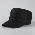 Close-up of thick black wool military cap featuring refined texture and silver metal logo - Adjustable / Black