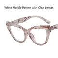 Cat eye glasses frames with jelly white marble pattern and gold rivet accents - Jelly White Floral Pattern Clear Lens
