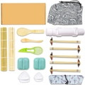 Bamboo sushi making kit with rolling mats, rice bazooka, molds, and duck chopstick rests - Set 12