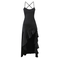 Dettaglio dell'abito sottoveste in raso nero con spalline incrociate e volant asimmetrici - XS / Nero