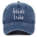 Washed navy denim baseball cap featuring white bride tribe embroidery on the front - Adjustable / Navy Blue