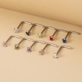 Set of 10 silver stainless steel L-shaped nose studs with multi-color zircon stones - 0.8mm*7mm*2mm / 10-Color Set