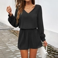 Robe courte élégante à col en V et manches bouffantes noires pour un look décontracté - S / Noir
