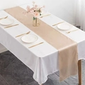 Elegant gold satin table runner displayed with white linen and luxury tableware - 30x275cm / Champagne