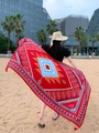 Ethnic style red beach shawl with geometric patterns and fringe for summer sun protection - Red Geometric Feather Tassel Style / Watermelon red / 180cm