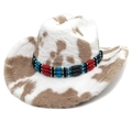 Detail of cow print cowboy hat featuring premium faux fur and colorful beaded hatband - M (56-58cm) / Straight Top / Khaki Cow Print