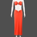 Detail of orange two-piece set featuring a metal ring crop top and ruched maxi skirt - S / Orange