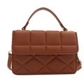 Elegant brown quilted faux leather handbag with golden metal buckles for women - Brown