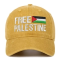 Detailed close-up of Free Palestine 3D embroidery on a yellow vintage cotton baseball cap - Yellow