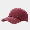 Detail view of burgundy washed cotton baseball cap with embroidered dachshund patterns - Adjustable / Burgundy