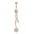 Rose gold belly button ring with flower pendant and sparkling white zirconias - Style 5