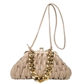 Elegant beige pleated cloud bag with chunky gold chain strap and vintage metal clasp - Khaki