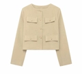 Veste en tweed kaki clair pour femme avec manches longues et boutons dorés élégants - Khaki Clair