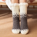 Winter heart pattern wool floor socks in beige and dark gray with fleece lining - Chenille Heart Dark Grey