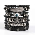 Detailed stack of multi-layer leather bracelets with feather wing and evil eye charms - T2 Style (Black Evil Eye/Star)
