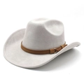 Detail view of light gray suede cowboy hat with brown leather band and gold metal buckle - M(56-59CM) / Light Grey (Suede)