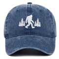 Vintage washed blue denim baseball cap featuring white Bigfoot and pine trees embroidery - Adjustable / Navy Blue